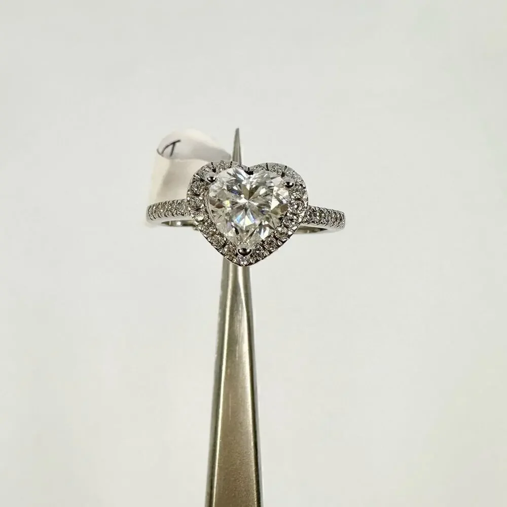 Heart Cut Halo Moissanite Diamond Engagement Ring 1.2 Ct Adjustable Ring.